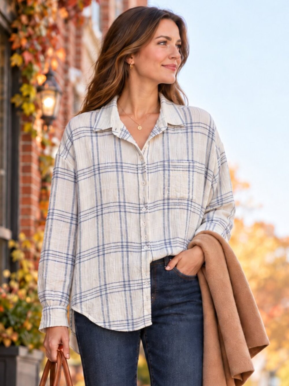 Faherty Dune Organic Cotton Gauze Shirt L Cream Blue Plaid Long Sleeve Button U